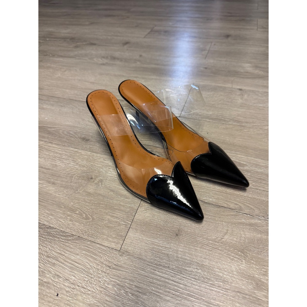 Pointed Toe Clear PVC Mules Black Stiletto Heels Womens Size 11 Minimalist